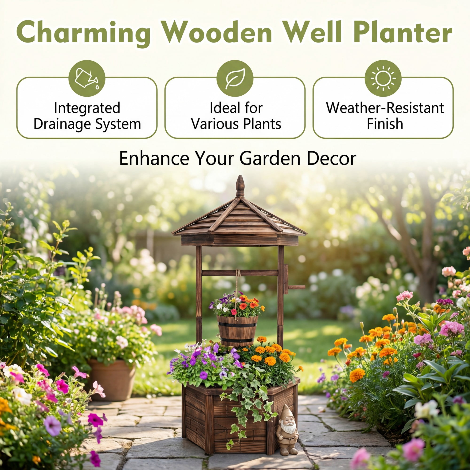 Costway Wooden Wishing Well Hexagonal Bucket Flower Plants Planter Patio Garden Decor