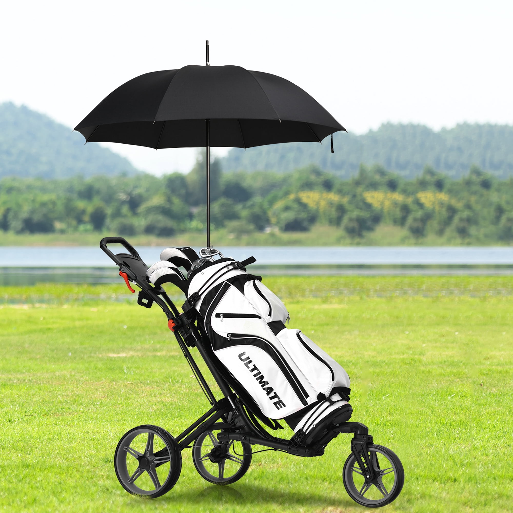 Gymax Foldable 3-Wheel Golf Push and Pull Cart Trolley with Adjust Handle Brake, Gray