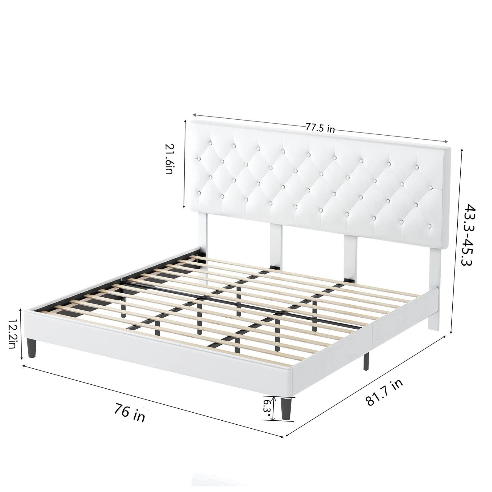 Homfa King Bed Frame, White Faux Leather Upholstered Button Tufted Low Profile Platform Bed Frame with Adjustable Headboard for Bedroom - image 2 of 8
