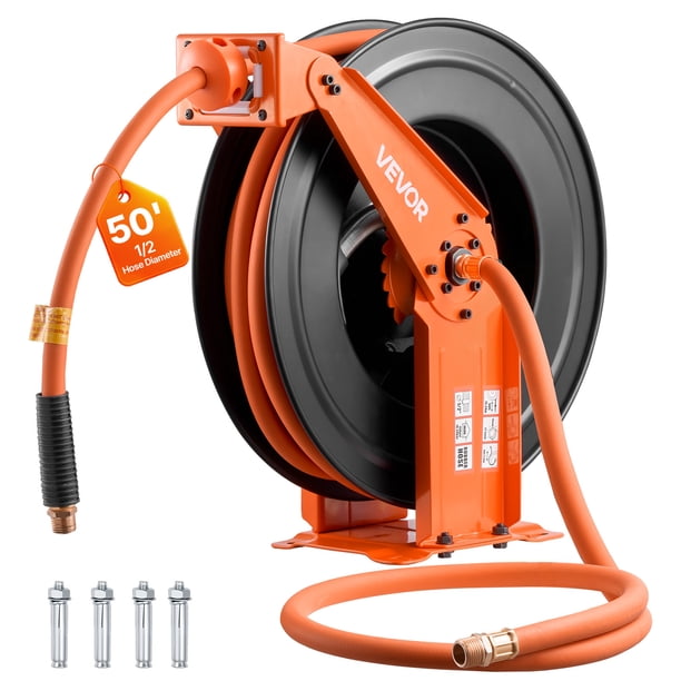 Carrete de manguera de aire retráctil VEVOR, manguera de aire de goma de 1/2 pulgada x 50 pies, máx. 300 PSI, carrete de mangueras de compresor de aire con rebobinado automático con entrada de 5 pies