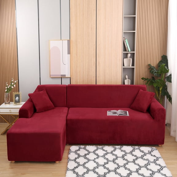 Eurhowing Sectional Couch Covers L-Shaped Sofa Covers, Velvet Super Stretch 2Pcs Sofa Slipcovers for 3 3 Seaters, Softness Corner Couch Cover, Wine Red