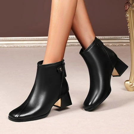 

NEGJ Womens Shoes Casual Boots Fashion High Heel Block Heel Solid Color Fleece Leather Back Zipper Short Boots