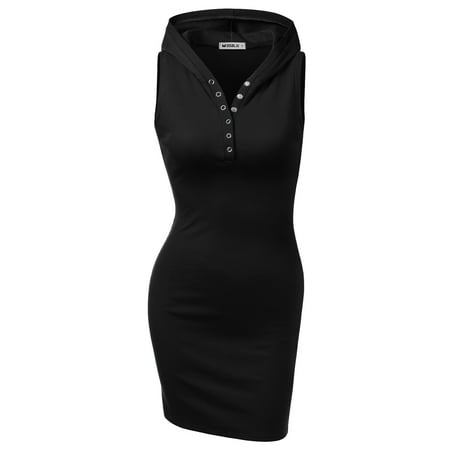 Heart Hoodie Dress - Doublju Womens Sleeveless Ribbed Knit Henley Hoodie Dress With Plus Size BLACK S