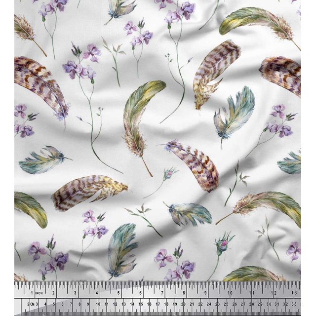 Soimoi Rayon Crepe Fabric Flowers & Feather Print Fabric by The Yard 46 Inch Wide