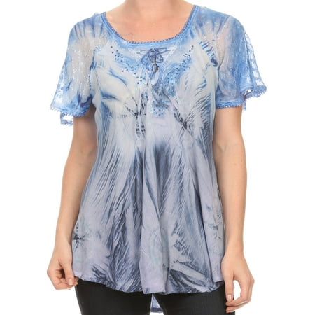 Sakkas Taylay Ombre Tie Dye Batik Long Embroidered Corset Neck Blouse Shirt Top - Indigo - Plus Size