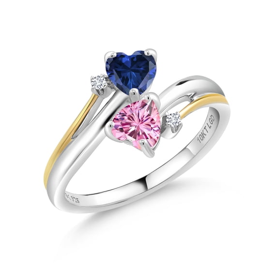Gem Stone King 925 Silver and 10K Yellow Gold Ring Heart Shape Blue Created Sapphire and Vivid Pink Moissanite (1.02 Cttw, Size 9)