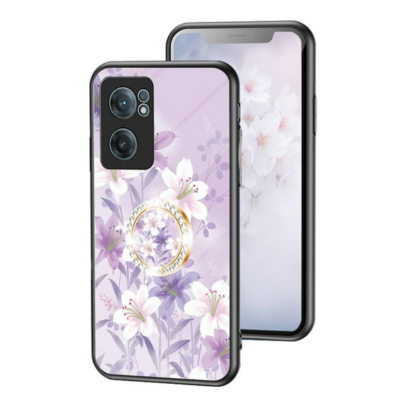 Compatible with OnePlus Nord CE2 5G Rotatable Ring Stand with Bling Glitter Diamond, Printed Case Fashion Luxury Flower Floral Pattern Slim Cover for OnePlus Nord CE2 5G Women and Girls,Flower#3