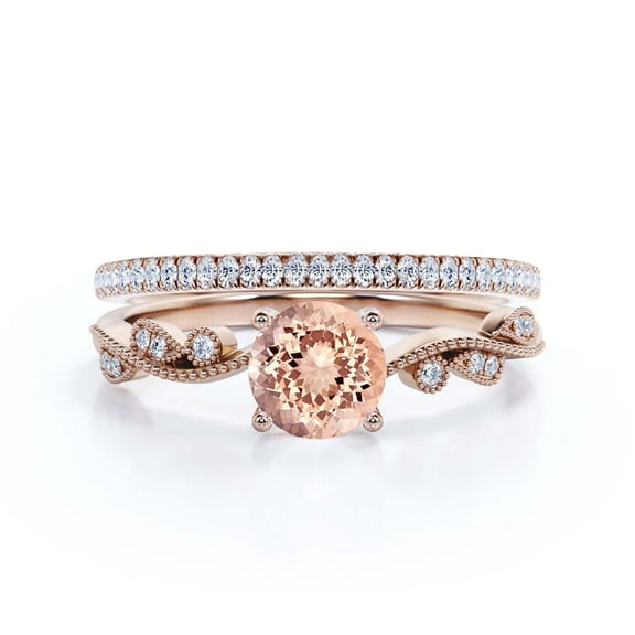 Dazzling Boho & hippie 1.75 Carat Round Cut Morganite And Diamond Moissanite Classic Inspired Engagement Ring, Unique Twist Band Wedding Ring in 10k Solid Rose Gold, Promise Ring, One Matching Band