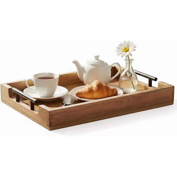 STORE INDYA Mango Wood Serving Tray with Metal Handles – Rustic Coffee Table & Ottoman Tray for Living Room, Kitchen, Breakfast in Bed, and Gathering