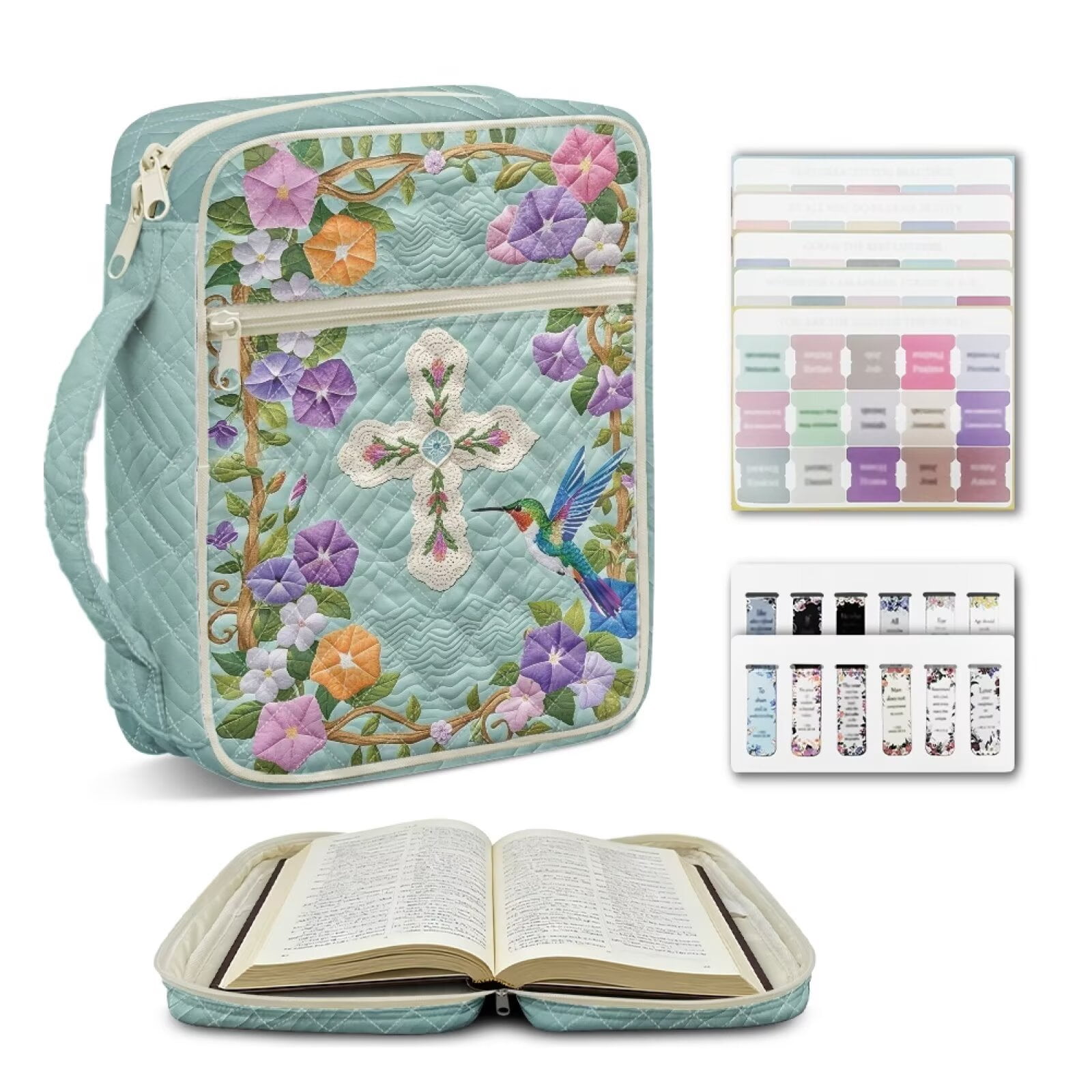 Pzuqiu Colorful Floral Cross Large Quilted Bible Cover Vintage Standard Size Book Cover with Handle and Pockets Carrying Cases Book Protector for Church, Study & Travel
