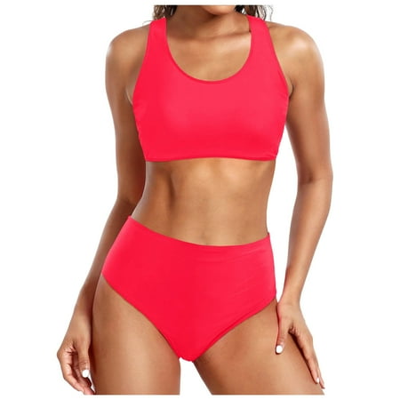 Womens Swimsuits Solid Color Strappy Push Up Bra And Panty Set Vintage Two Piece Tankinis Swimwears Holiday Wear Red M