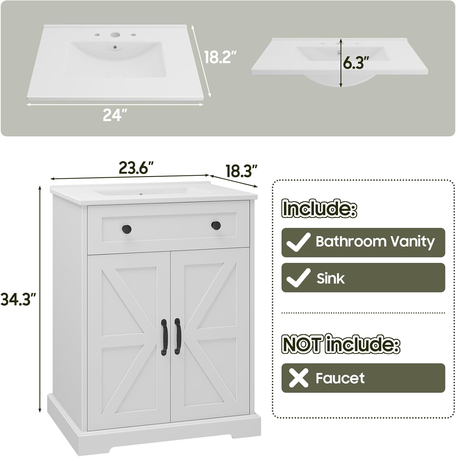 VEANERWOOD 24" Bathroom Vanity with Sink Set, Farmhouse Bathroom Cabinet with Flip Drawer and Doors, White