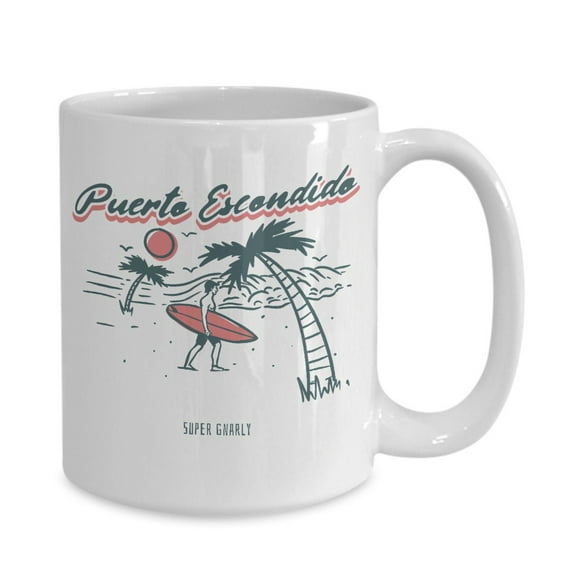 Vintage Surf Super Gnarly Puerto Escondido Beach Surfer White Gift coffee mug