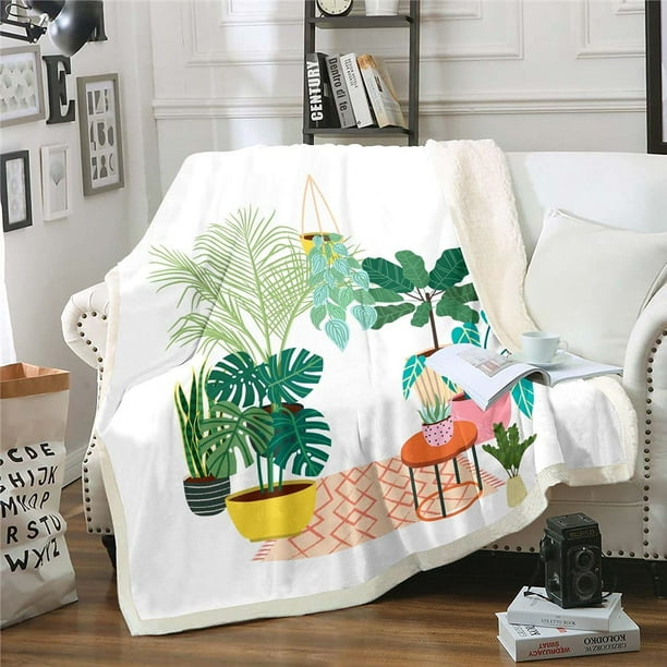 Plants Sherpa Blanket Tropical Leaves Fleece Throw Blanket