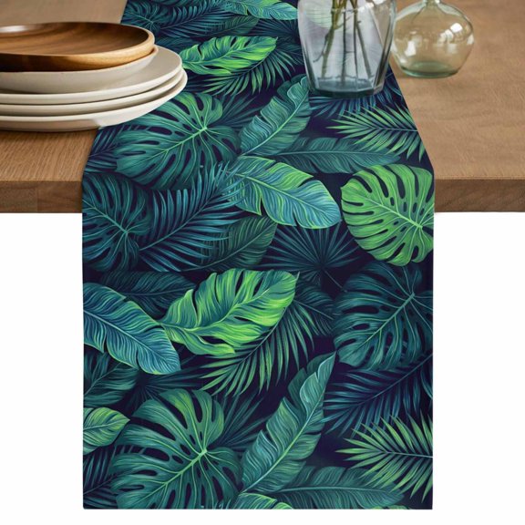 Tropical Plants Table Runner 70 Inches, Summer Watercolor Teal Green Palm Leaves Bed Runner Dresser Scarves Tabletop for Indoor Outdoor Parties/Ceremony/Banquet, 13" x 70"