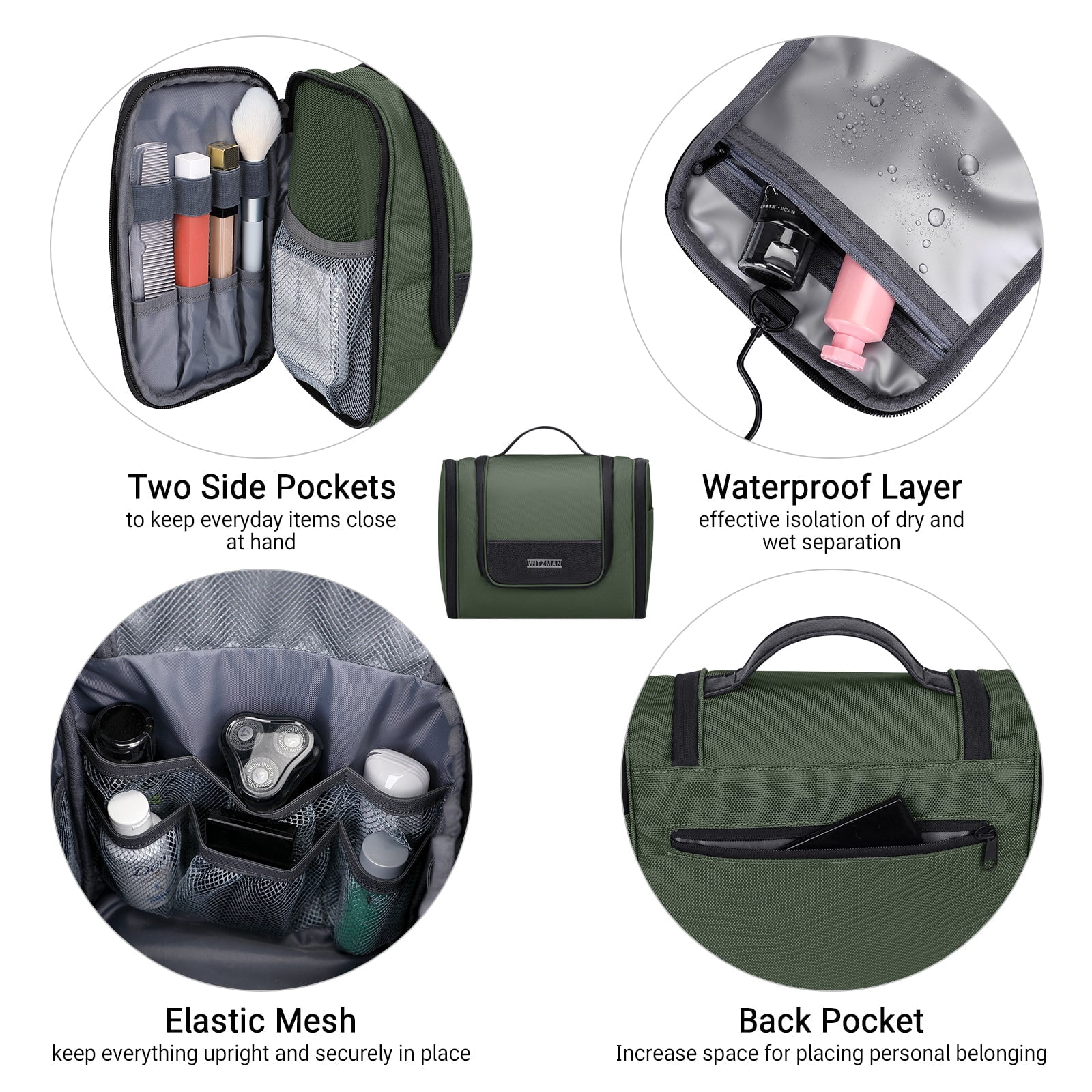 WITZMAN Toiletry Bag for Men Large Hanging Multi-Organization Bathroom Bag Water-Resistant Dopp Kit Shaving Bag Men(B690 Army Green)