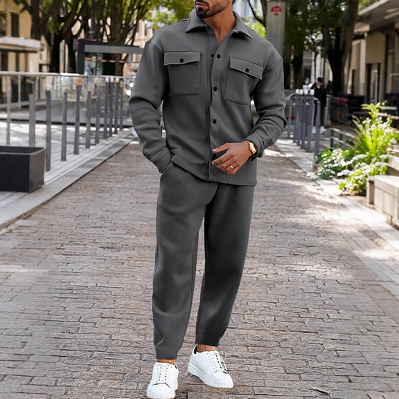 YueHuiYing Men's Cargo Jacket Tracksuit Set 2 Pieces Solid Color Long Sleeve Jacket and Cargo Leg Binding Pants Set