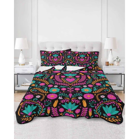 Quilts Twin XL Size, Colorful Mexico Soft Comforter Bedding Set for Bed, Modern Abstract Flowers Leaf Orange Pink Lightweight Quilted Bedspread with Pillow Cover(2 Pieces) for All Season, 68x98 Inch