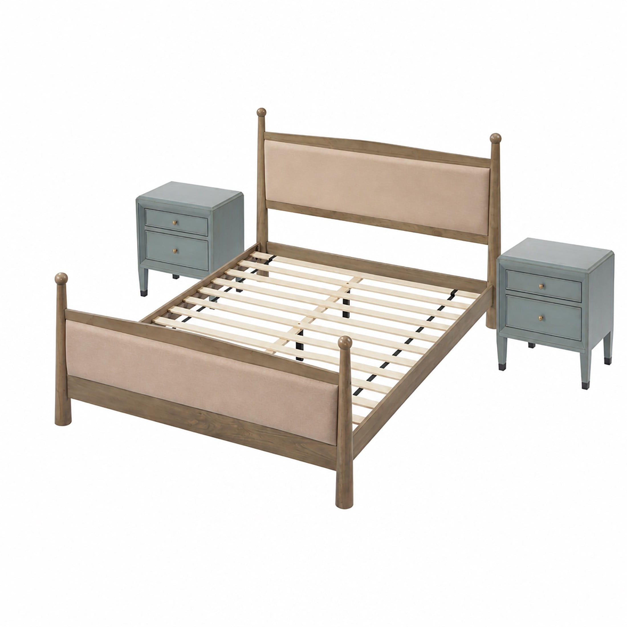 Christopher Knight Home Farmhouse Bedroom Set, Queen Upholstered Bed with 2 Nightstands, Natural+Sage Green