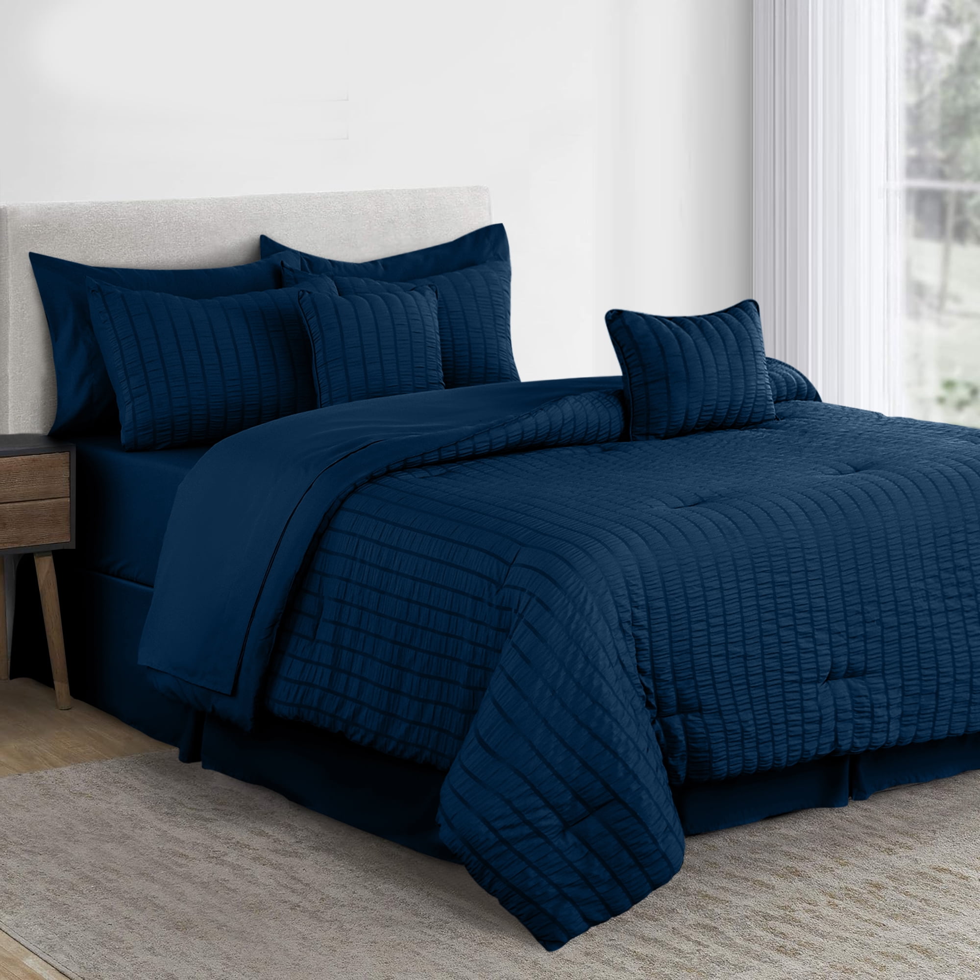 Lux Decor Collection Twin Seersucker Bedding Comforter Set – All-Season 8 Pieces Bed in a Bag Includes Comforter, Sheets, Pillow Sham, Bed Skirt & Decorative Pillow for Ultimate Comfort - Navy