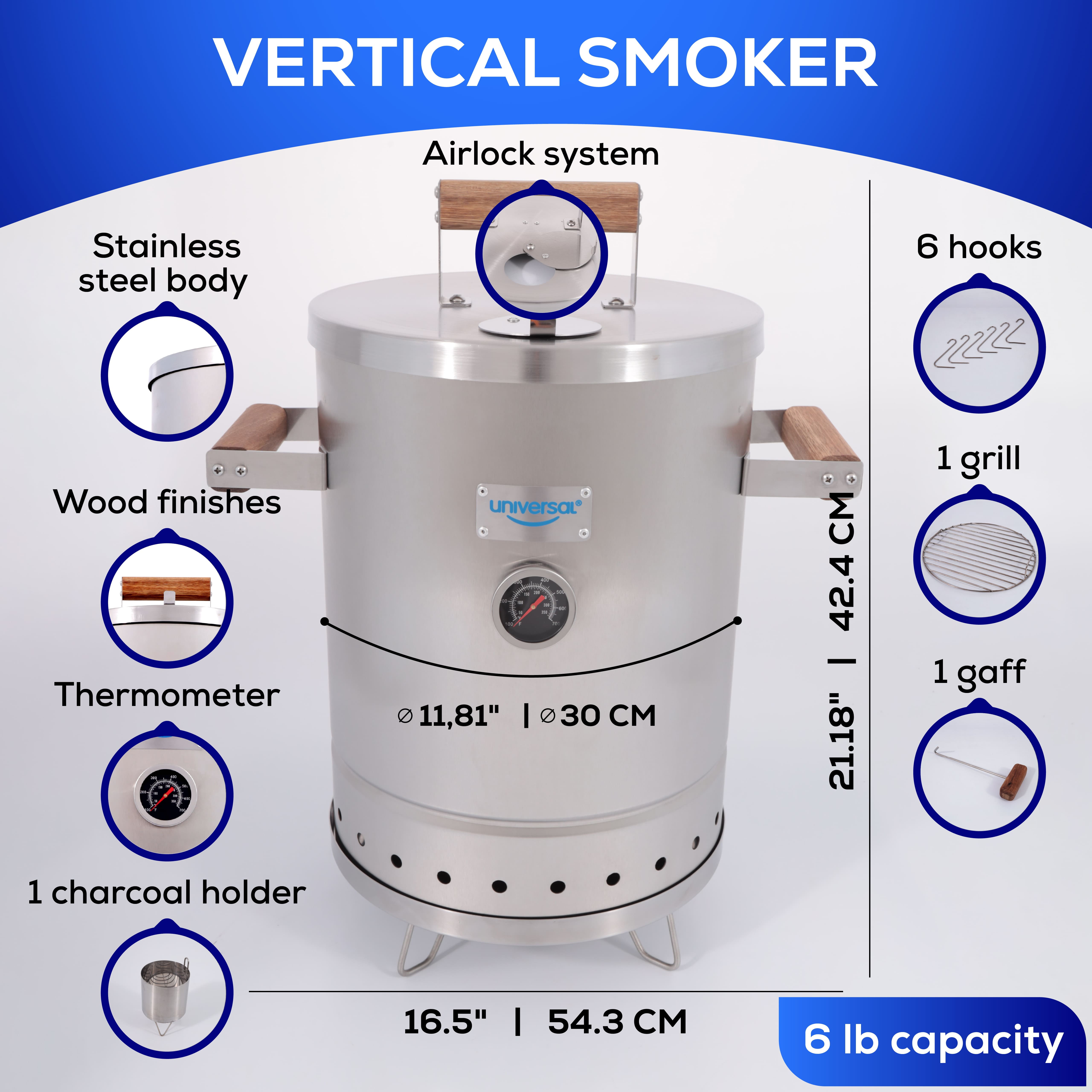 Universal (6-pound - Small) Stainless Steel Charcoal Barrel Smoker with Thermometer & Airlock system, 2 in 1 Vertical Smoker - Grill and Smoker, 6-servings