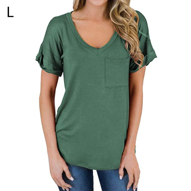 Camiseta de mujer con cuello en V, manga corta, bolsillo, blusa, top informal de verano, verde oscuro, L Methold AP001345-23
