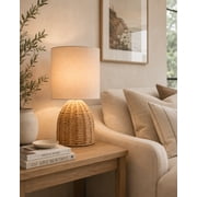 Rattan Table Lamp, Small Nightstand Lamp with Linen Fabric Lampshade, Desk Lamp Bedside Lamp for Living Room Home Office , Oval, Beige