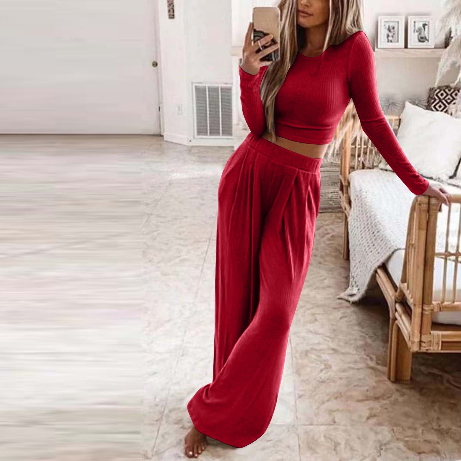 Women's Two Piece Lounge Set Long Sleeve Ribbed Knit Crop Top and Wide Leg  Pants Casual Loose Pajamas Sets Sweatsuit