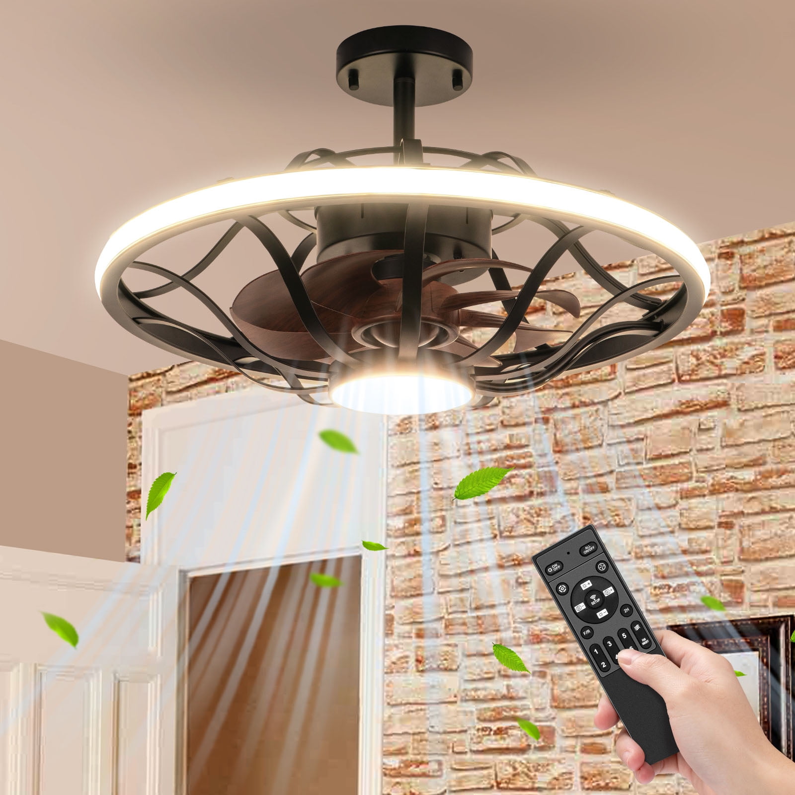 Nooknova 20" Farmhouse Caged Ceiling Fan with LED Light and Remote and