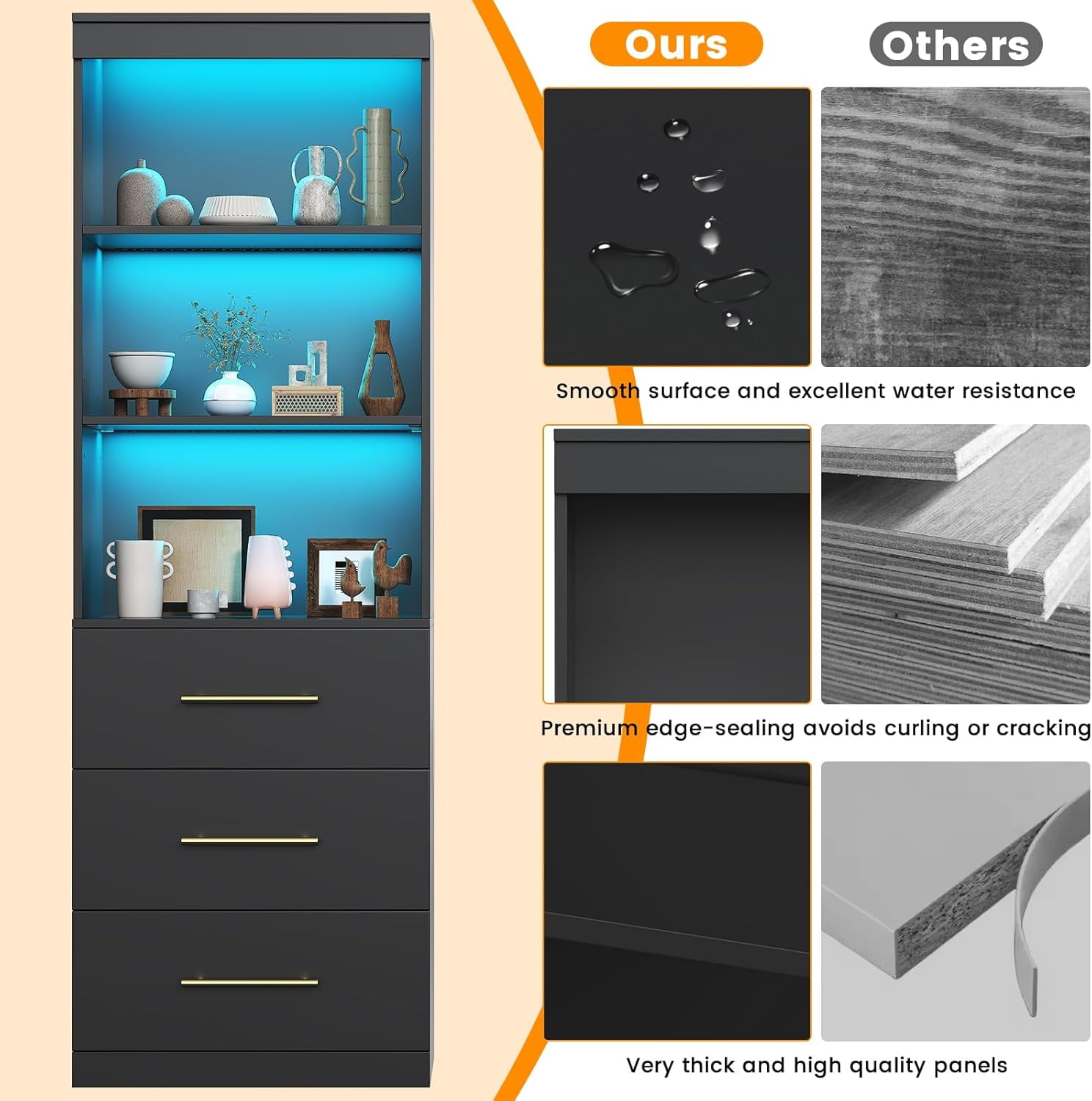 Winkalon 71" H Black Bookshelf with Drawers, Bookshelf and Bookcase with 3-Tier Open Shelves, Tall Bookcase Tall Storage Cabinet for Home Office