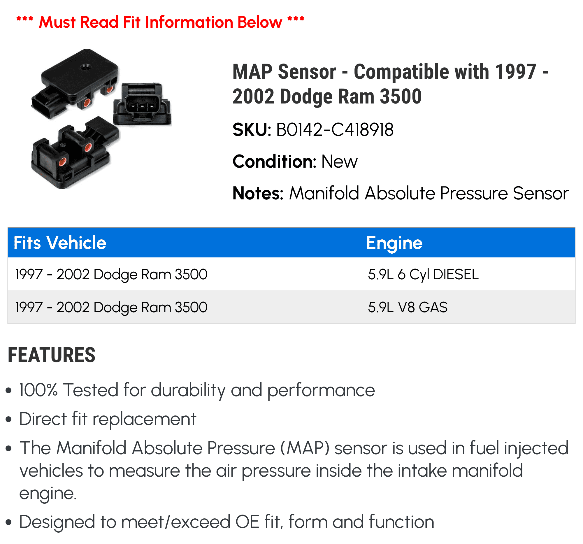 MAP Sensor - Compatible with 1997 - 2002 Dodge Ram 3500 1998 1999 2000 2001