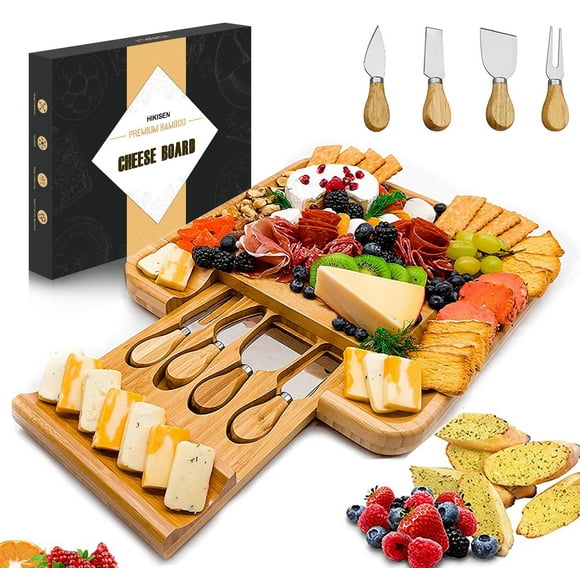 Bamboo Cheese Board with Knife Set, Charcuterie Platter Including Slide-Out Hidden Drawer & 4 Stainless Steel Knife and Utensils-Gifts for Christmas, Wedding, Birthday, Anniversary, Th