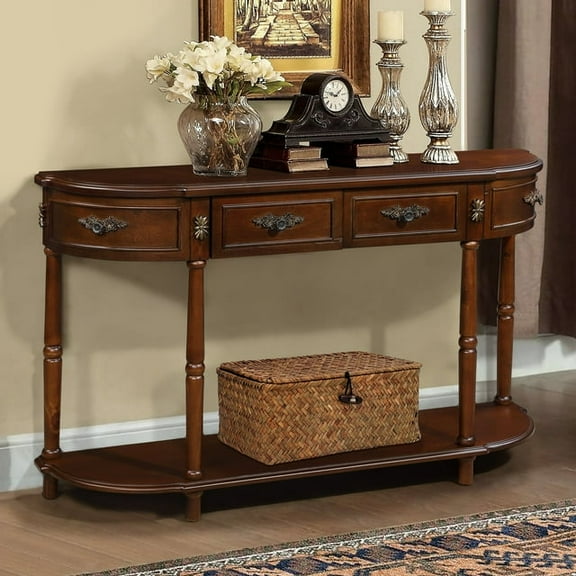 Retro Curved Cherry Console Table, 52 inch Solid Wood Half - Moon Sofa Table with 2 Drawers & Open Shelf – Perfect for Living Room, Hallway Entry