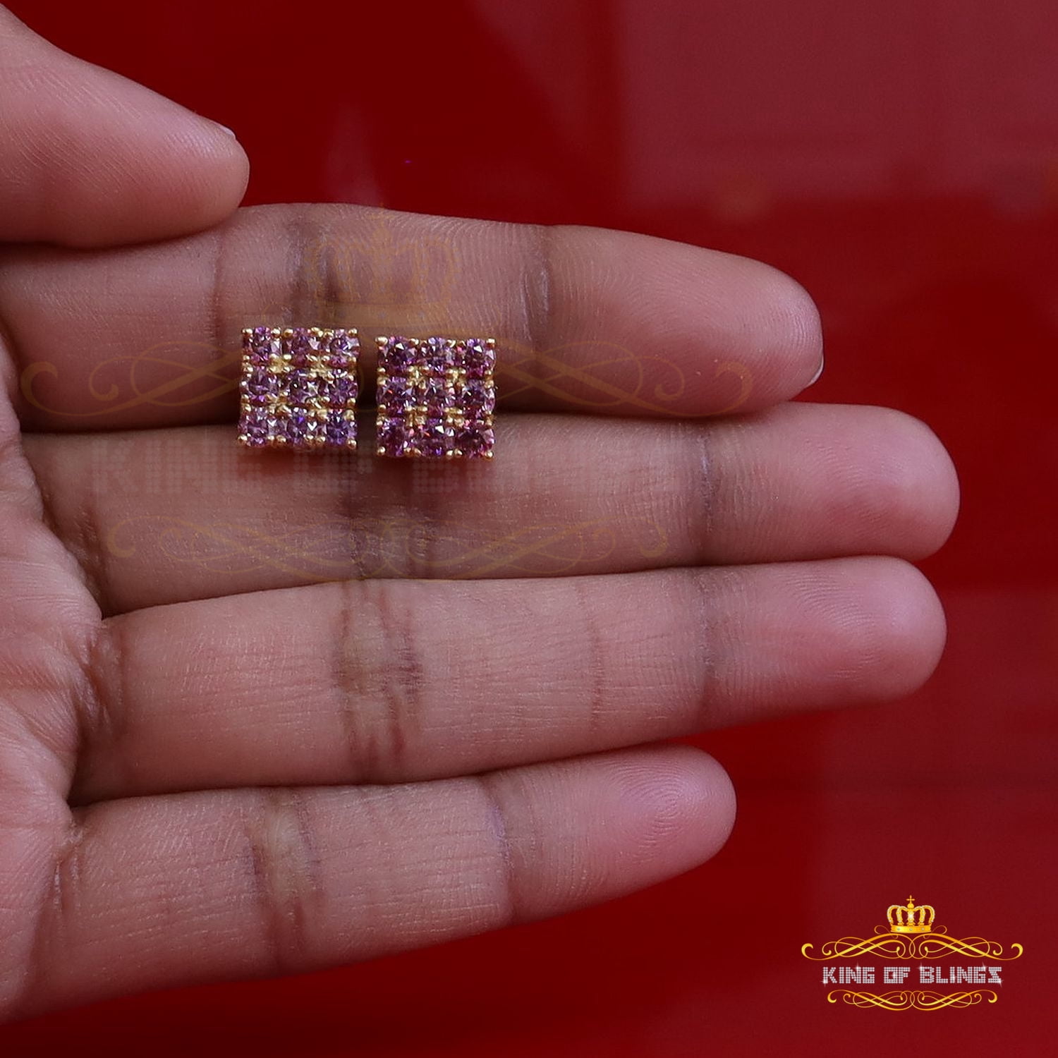 King of Bling's 925 Silver Yellow 2.25ct VVS D Pink Moissanite Men/Women's Square Stud Earrings