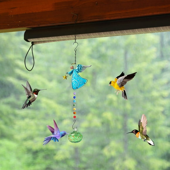 Chmadoxn Birdfeeders,Hummingbird Feeder Painted Hummingbird Shaped Feeder Wind Chime Outdoor Pendant Sunlight Refractor a feeder