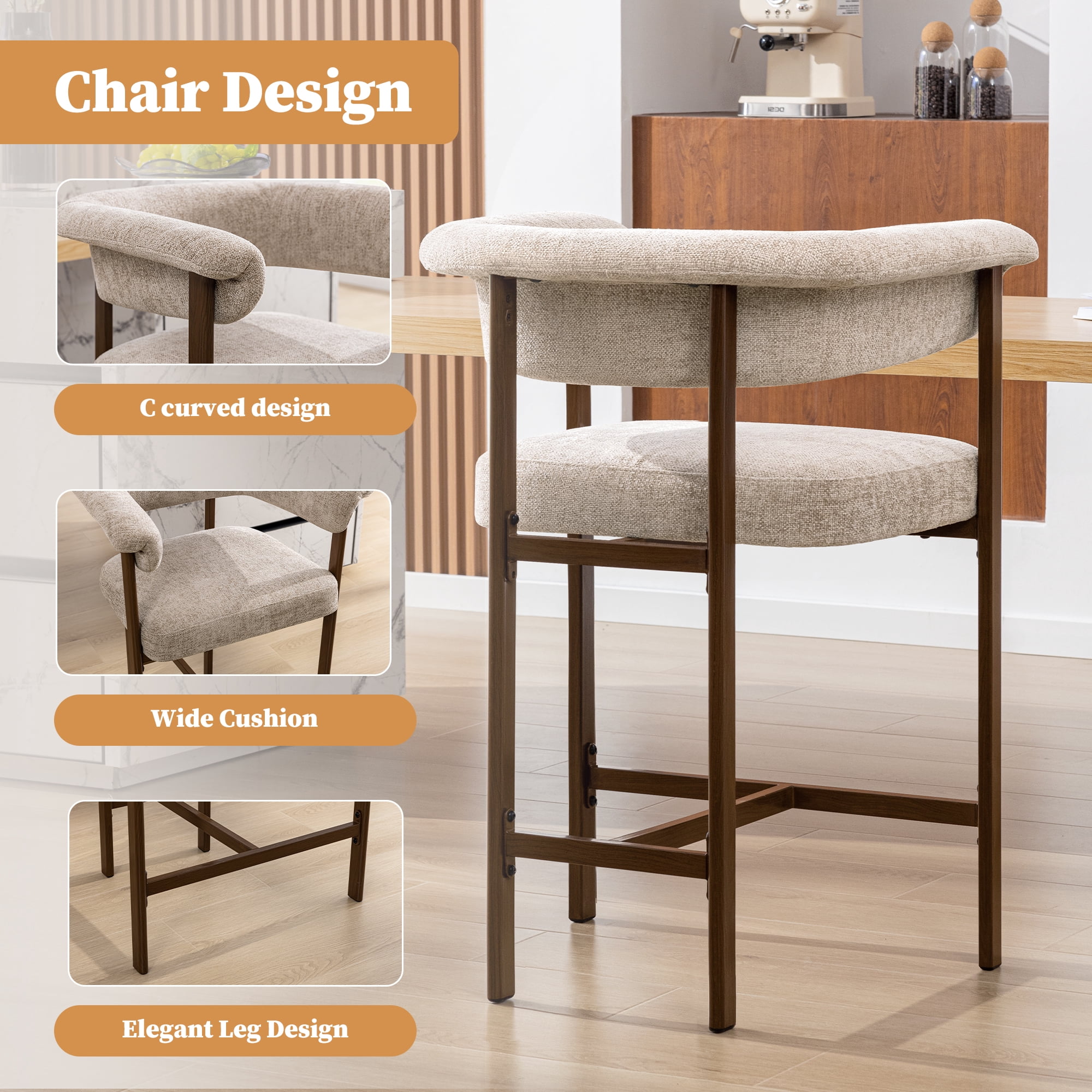 Primy Counter Height Bar Stool with Padded Arms, Modern Fabric Upholstered Dining Room Barstools Kitchen Island Armchair with Footrest+Curved Backrest