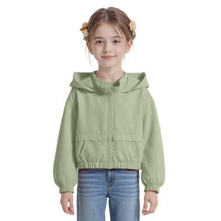 DHFJKG Kids Girls Hooded Cropped Coat Windproof Lightweight Solid Color Zipper Jacket Hoodies For Child 2-14 Years Versatile Outerwear
