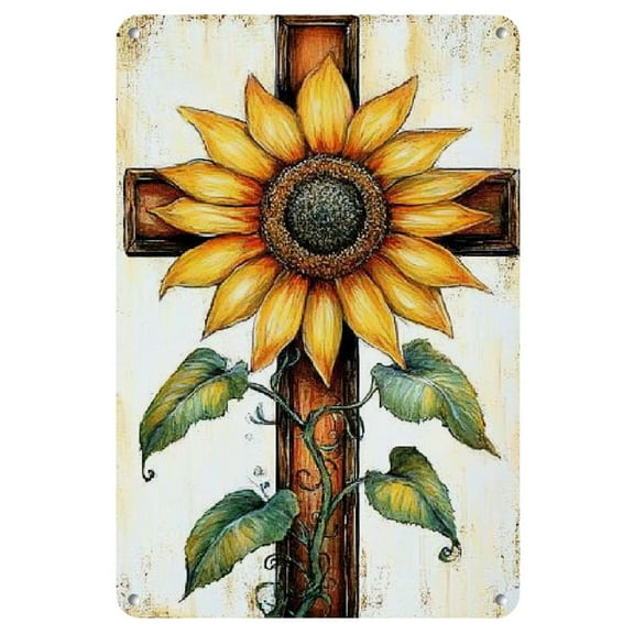 Rustic Sunflower Cross Metal Wall Art, 8x12 Inches - Weathered Iron Engraved Decor for Home, Cafe, Bar, Garage - Indoor/Outdoor Hanging Painting with Vibrant Yellow Petals