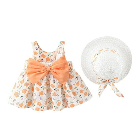 

EHTMSAK Infant Baby Toddler Children Girl 2PCS Floral and Set Bow Sleeveless Clothing Set Summer Outfits with Sun Hat Orange 6M-3Y 80=5