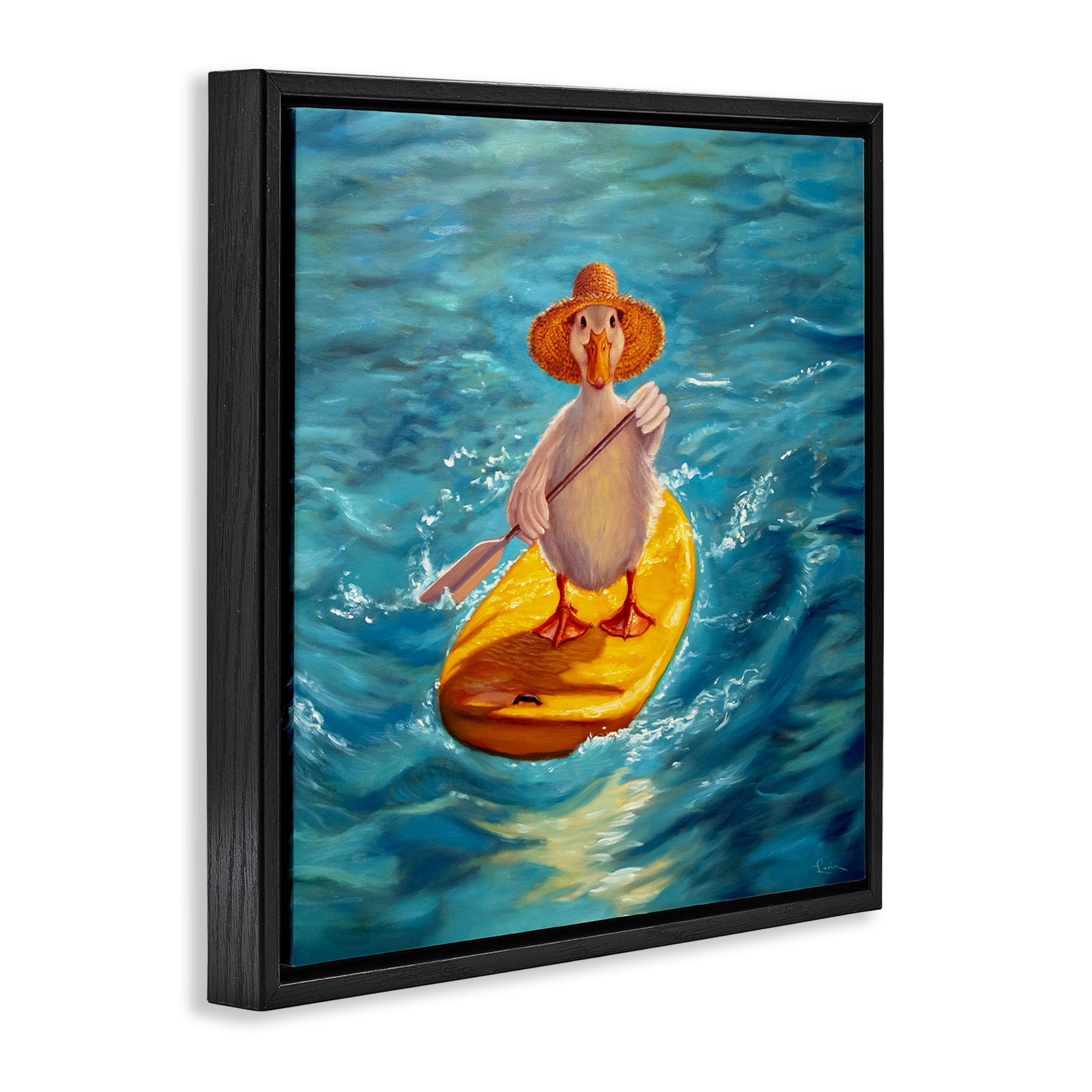 Stupell Industries The Paddler Duck with Straw Hat Black Framed Floater Canvas Wall Art, design by Lucia Heffernan