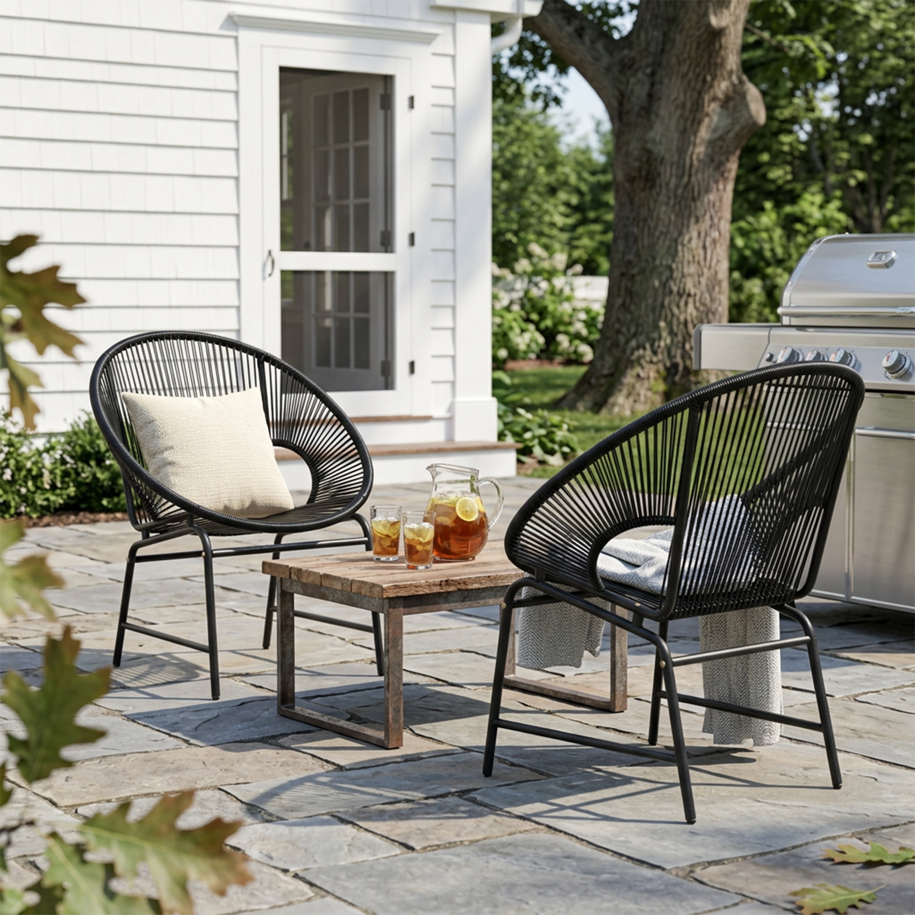 Outdoor PE Rattan Wicker Chairs Set of 2 with Iron Frame for Garden Porch Balcony, Black