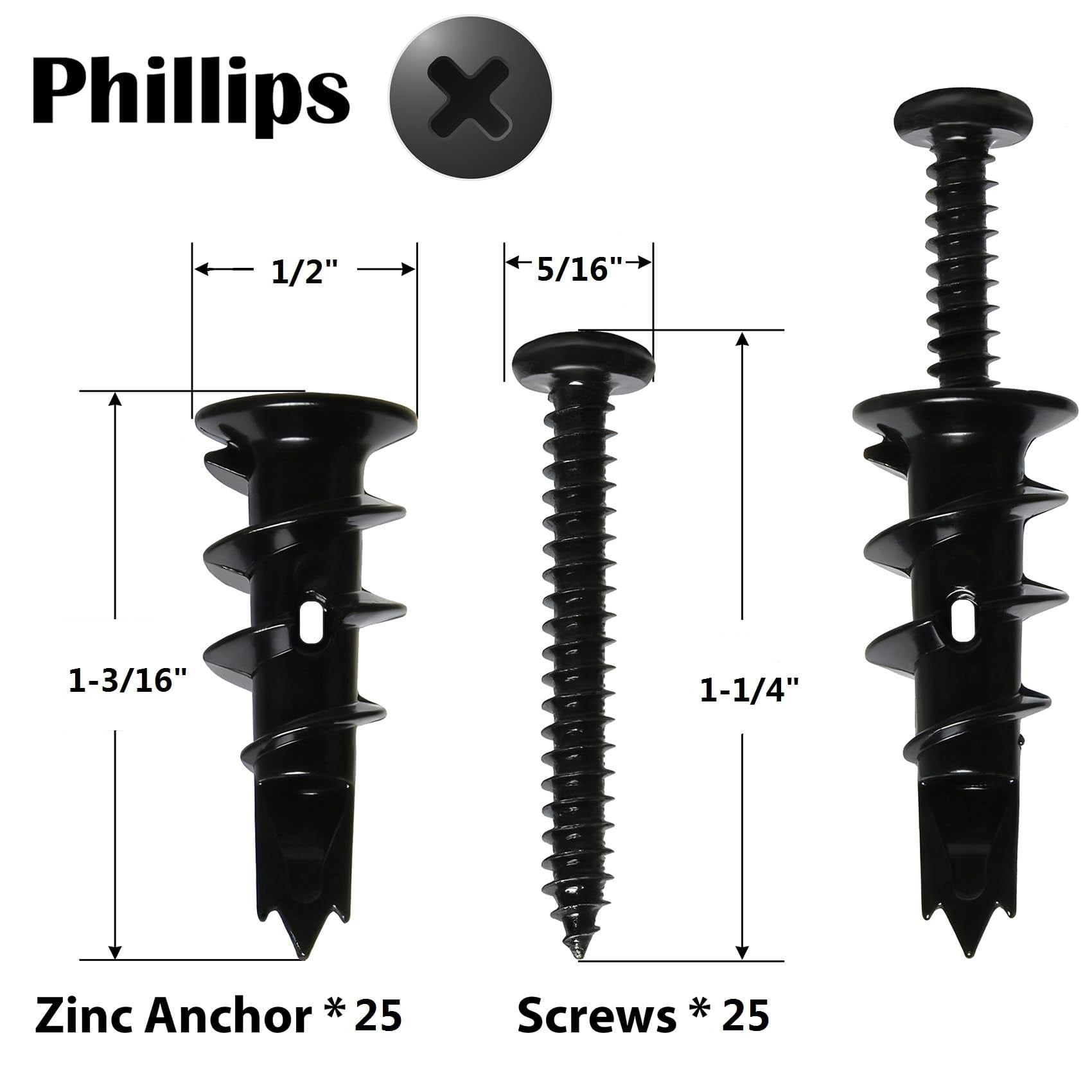 50Pcs #8 Self Drilling Metal Drywall Anchors and Screws kit, 25 Heavy Duty Hollow Sheetrock Anchors + 25 1-1/4'' Screw, No Pre Drill Hole Required - Hold 75lbs for Wall Hanging and Mounting