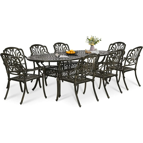 W WARMHOL 9-Piece Patio Dining Set, Outdoor Patio Table and Chair Set of 83.8" Oval Cast Aluminum Dining Table with Umbrella Hole and 8 Outdoor Dining Chairs, Patio Funiture Set for Lawn Garden