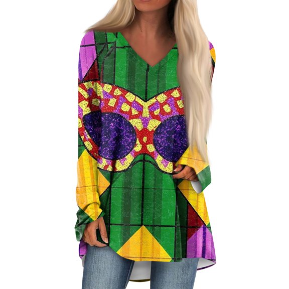 Resicozy Womens Mardi Gras Shirt Funny Mask Printed Pullover Fashion Party V Neck Long Sleeve Shirts Top Dark Green 2XL