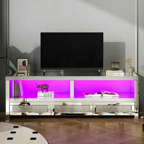 COSVALVE Modern 55.12" Silver Mirrored LED TV Stand Crushed Diamond Entertainment Center for 65 Inch TVs w/3 Drawers & 2 Open Shelves