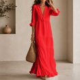 thumbnail image 4 of HVOBTTY Womens Maxi Dress Deep V Neck Ruffle 3/4 Sleeve red Solid Color Long Romantic, 4 of 5