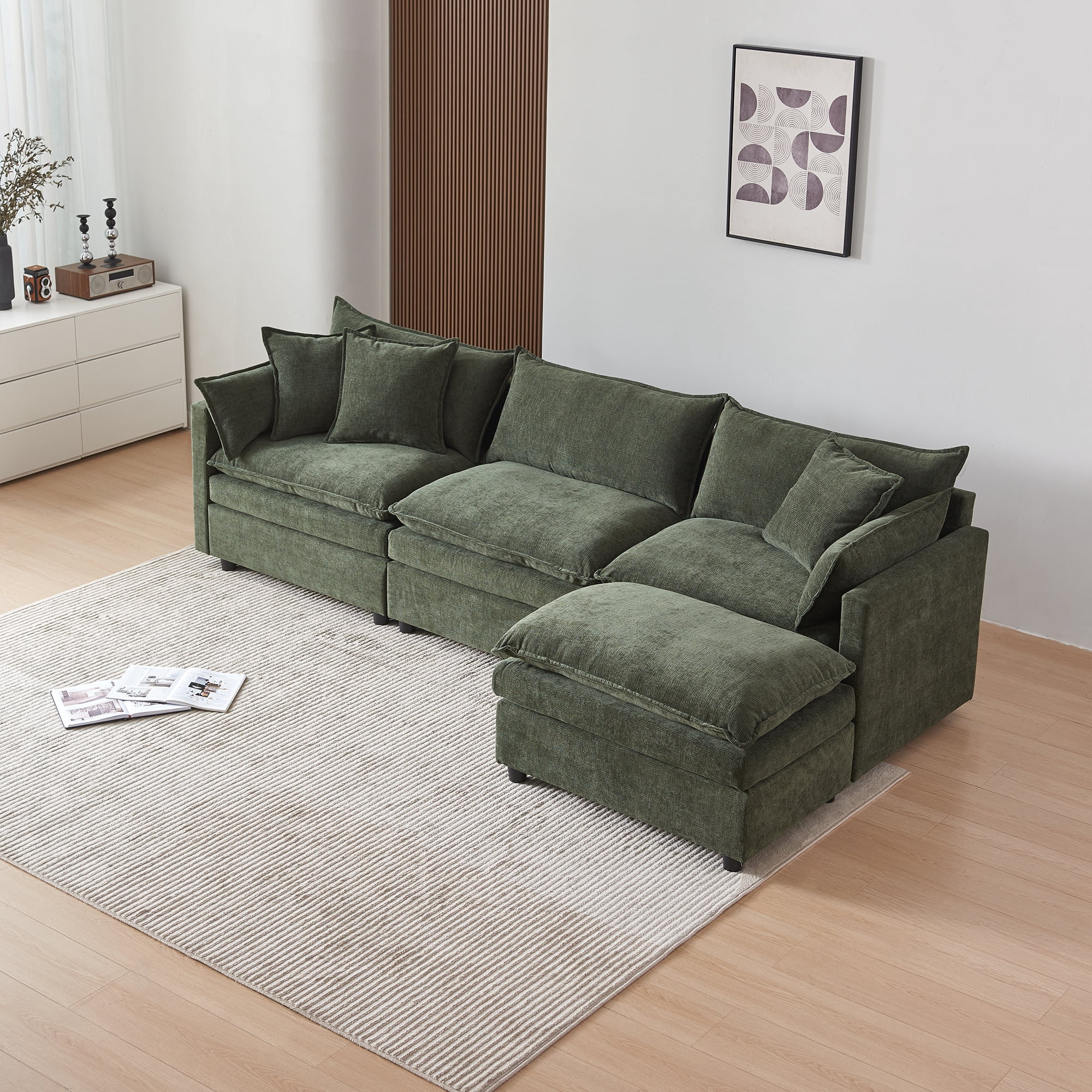 MAYEERTY Modular L-Shaped Sectional Sofa with Ottoman, Chenille Fabric Sofa Couch, Comfy Upholstered Furniture for Living Room，Green
