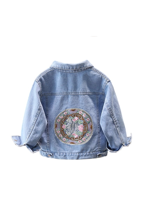 Fashion Denim Jacket for Girls Back Embroidery Button Down Jean Coat Casual Outwear Tops for 18M-14Y