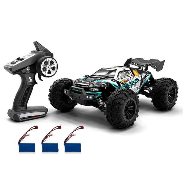 Carro de control remoto Coche RC 2.4 Ghz 70 KM/H de alta velocidad 1/16 todoterreno RC camiones Motor sin escobillas luz LED 4WD vehículo carreras escalada coche regalos para niños adultos 3 batería Eccomum Carro de control remoto