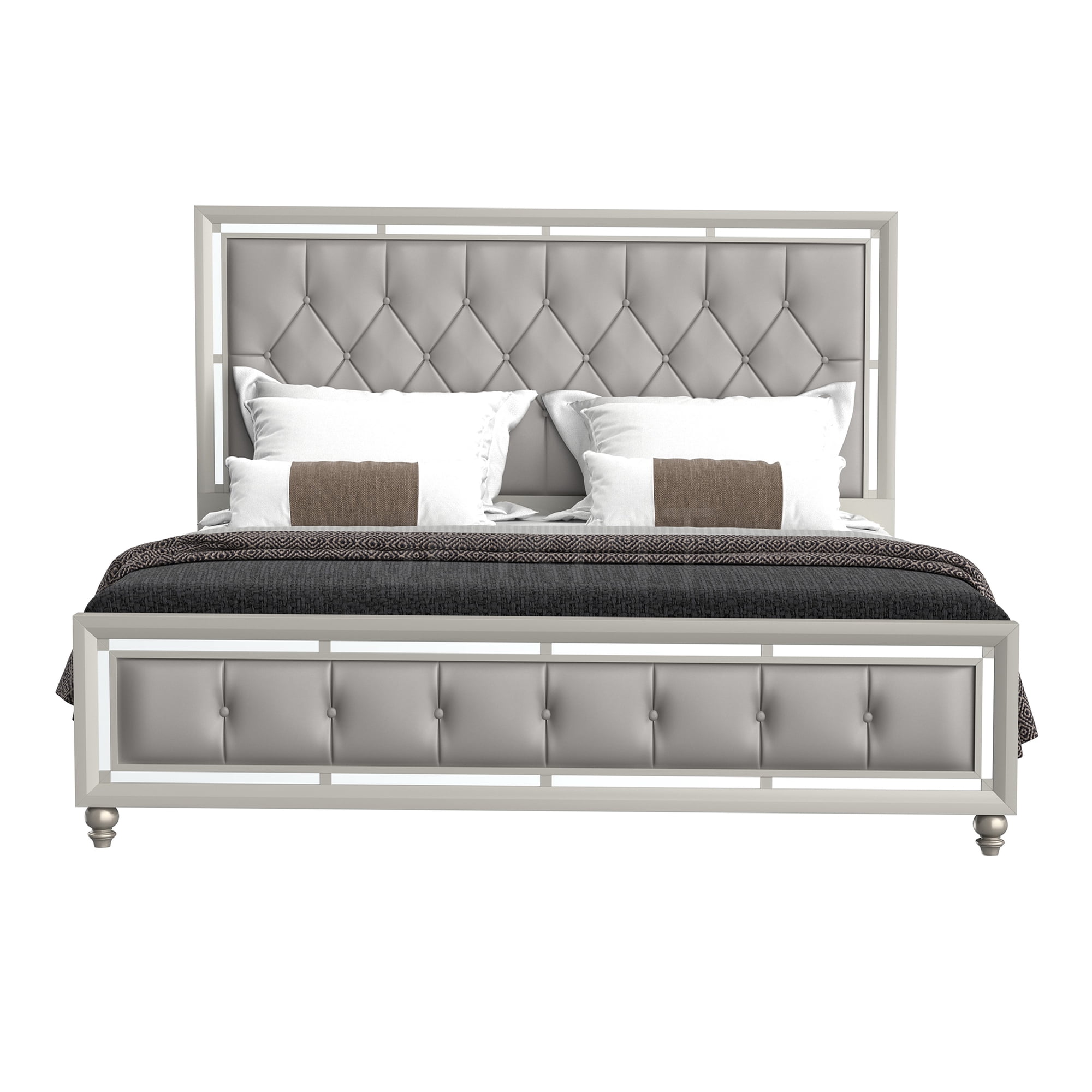 JERFIT Modern Silver King Size Bed with Upholstered Headboard, Low Footboard Gemstone Tufting